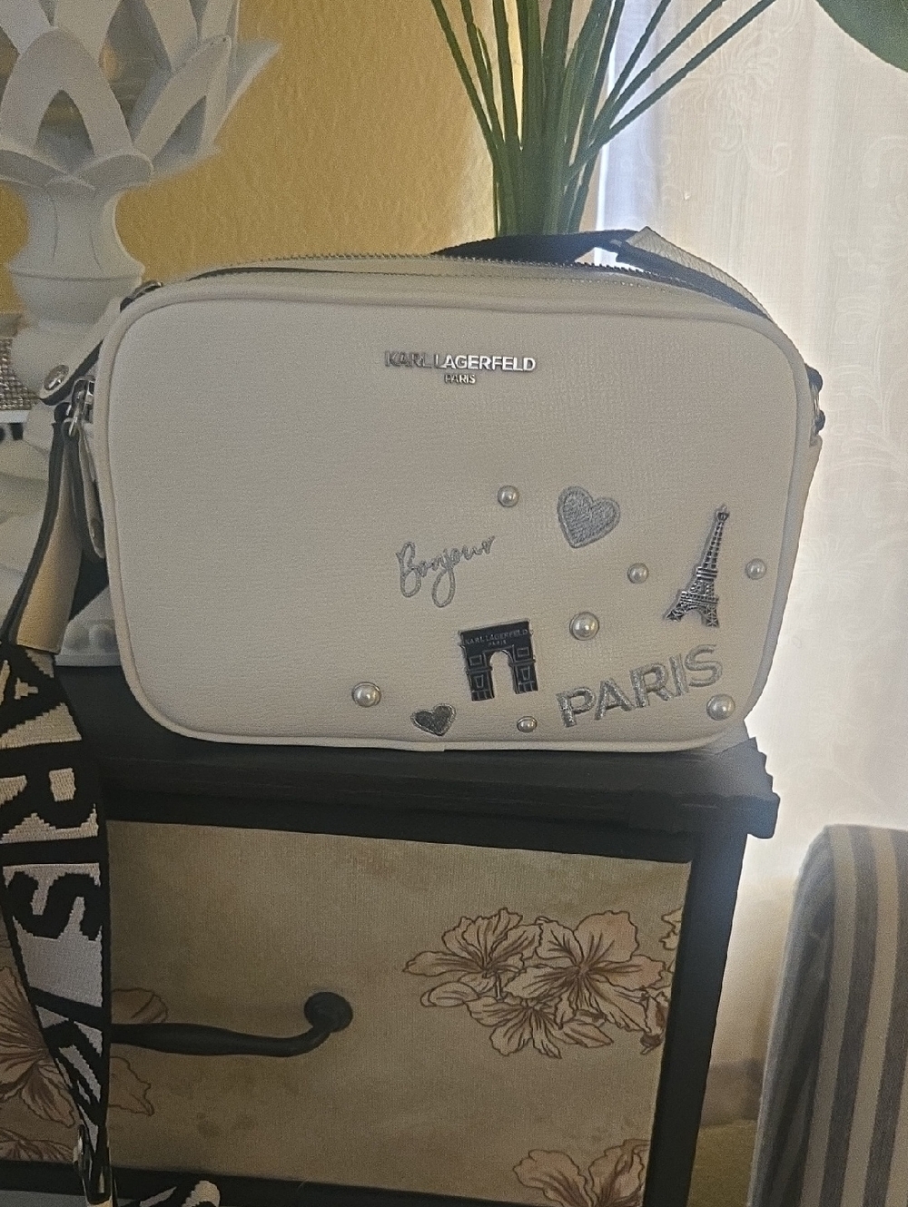 Karl Lagerfeld Cream Crossbody Bag with Paris Motifs